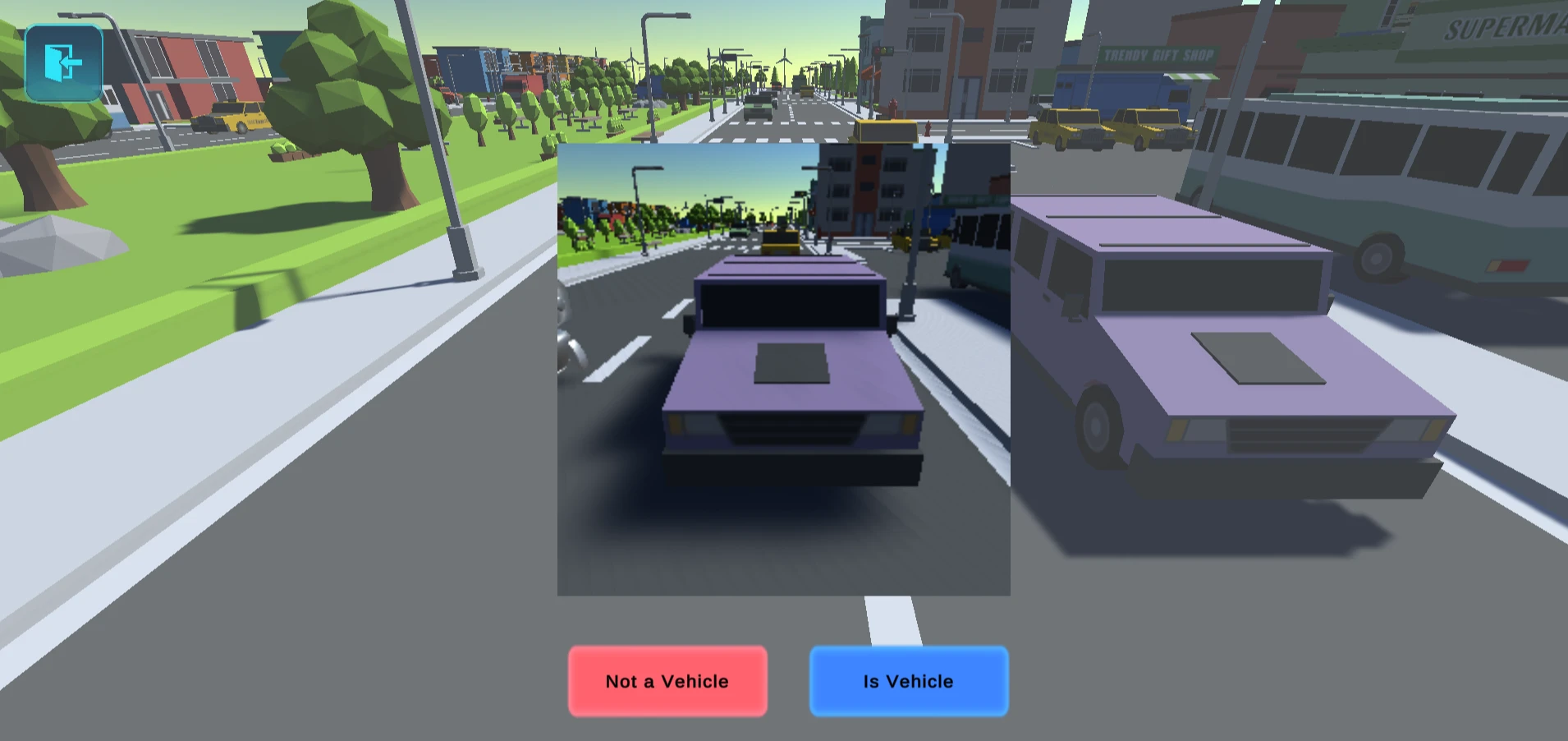 Inside a virtual street, a learner labels a vehicle as part of an object-recognition activity.