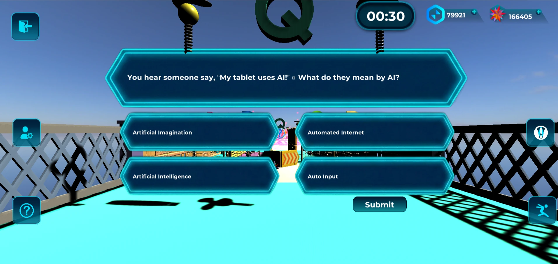 A Learnverse quest asks what AI means, with four answer choices inside the 3D world.