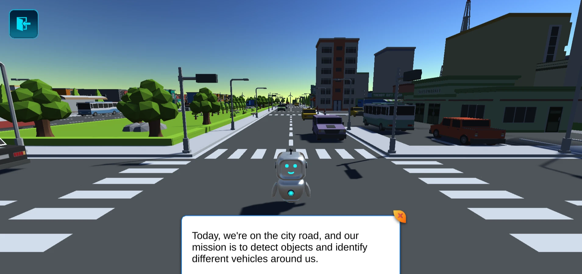 Kenzo, the Learnverse guide, introduces an object-recognition activity in a virtual street.